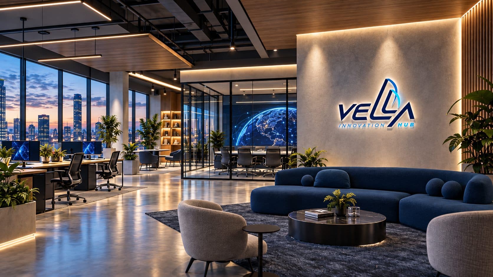 Lounge and workstations at the Vellahub Innovation Hub office