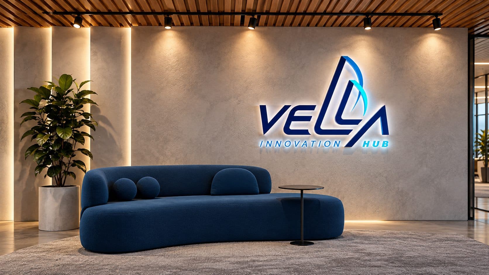Vellahub Innovation Hub reception with the illuminated logo on the wall
