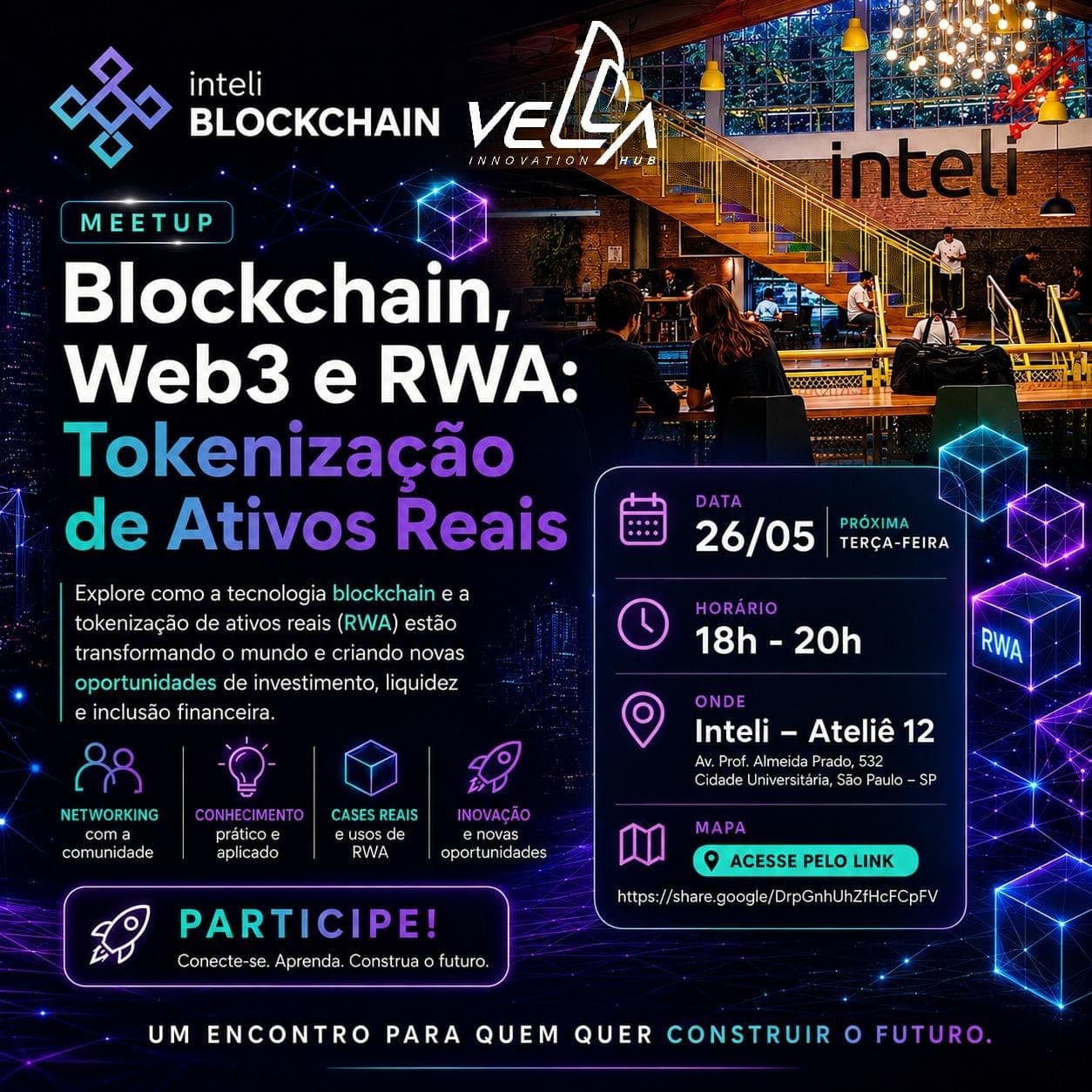 Poster for the "Blockchain, Web3 and RWA: Real-World Asset Tokenization" meetup at Inteli